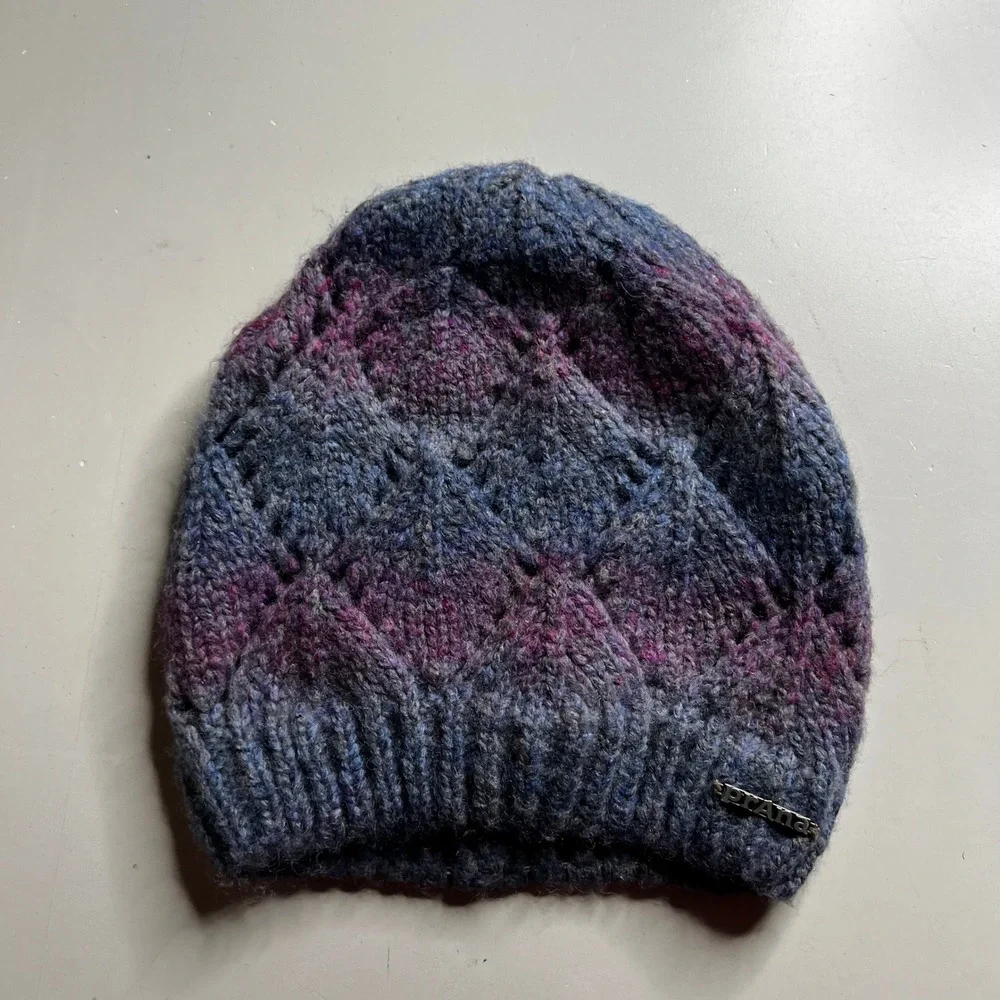Prana‎ Diamond Cable Knit Beanie Blue Purple Space Dye Wool Blend Winter Hat